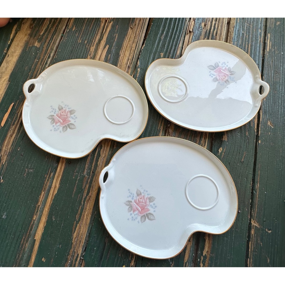 Noritake‎ Roseville 6236 Snack Plates Set of 3 Vintage Pink Rose Gold Trim Japan